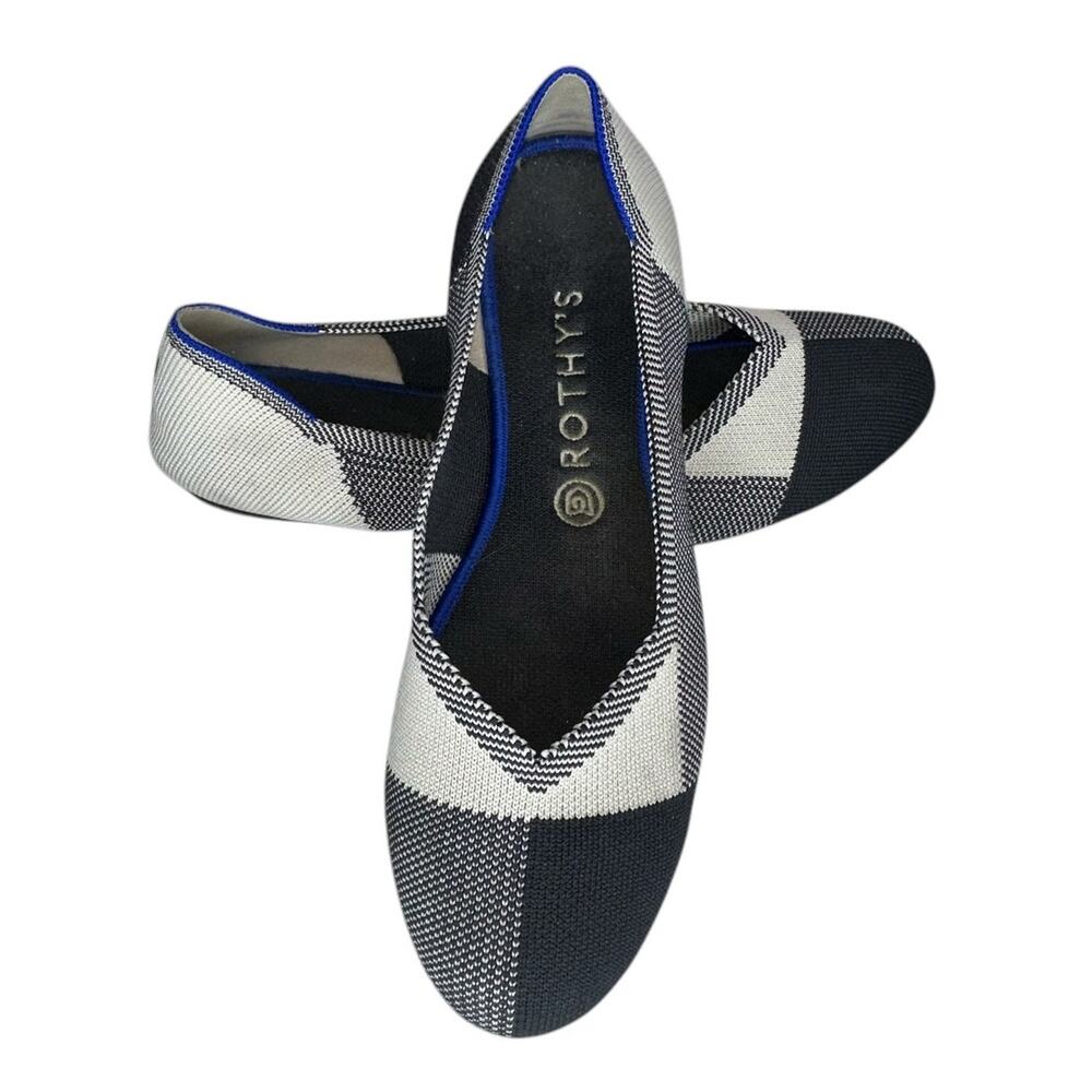 Rothy's The Flat Captoe Black White Cream Plaid Ballet Women's Flats Size 9.5